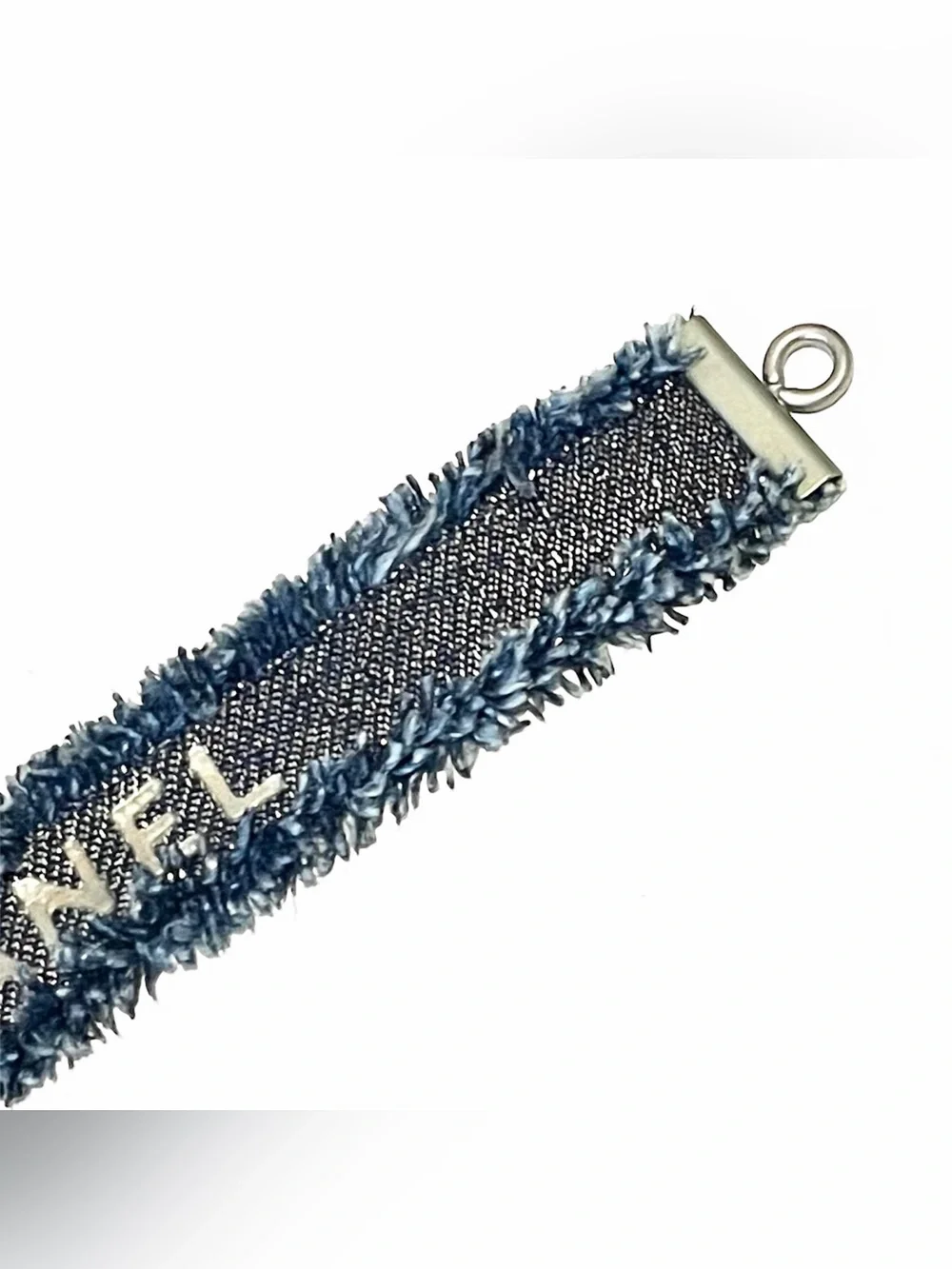 Authentic CHANEL Women Denim Wristband Leather Bangle With Hook - Worn Leather